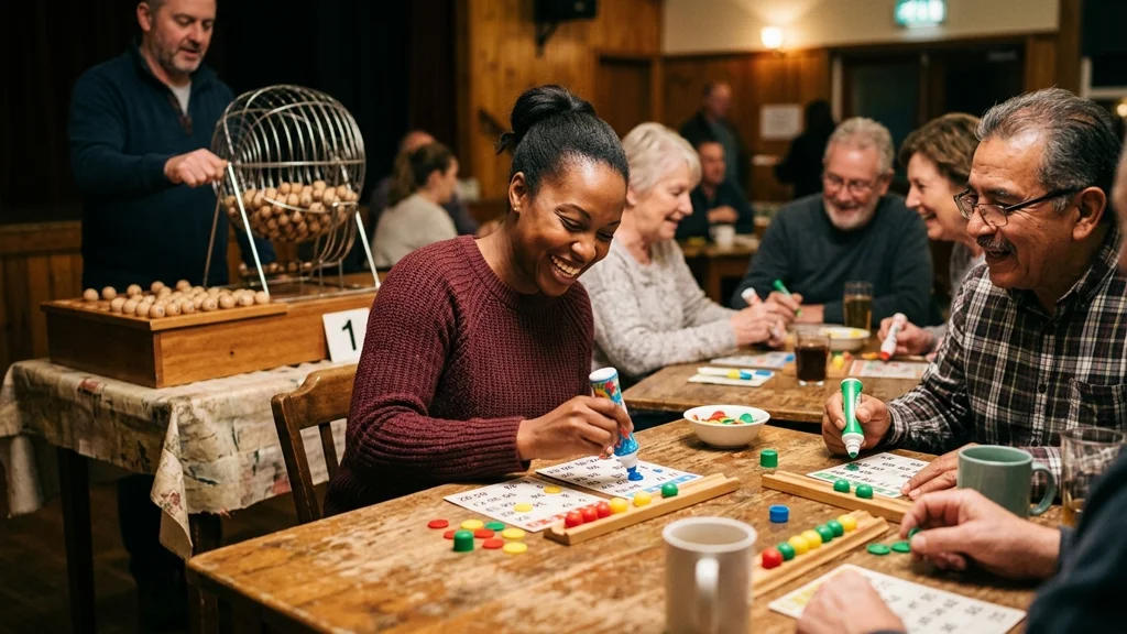 Pessoas reunidas participando de uma partida de bingo com cartelas e números
