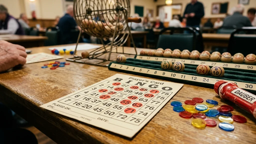 Cartelas e bolas numeradas em uma partida de bingo presencial