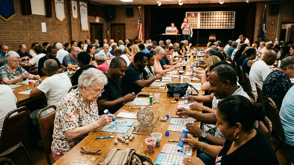 Grande partida de bingo com cartelas e bolas numeradas