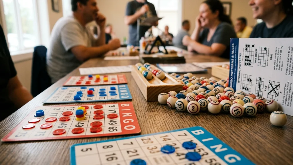Cartelas, números e marcações detalhando as regras de uma partida de bingo